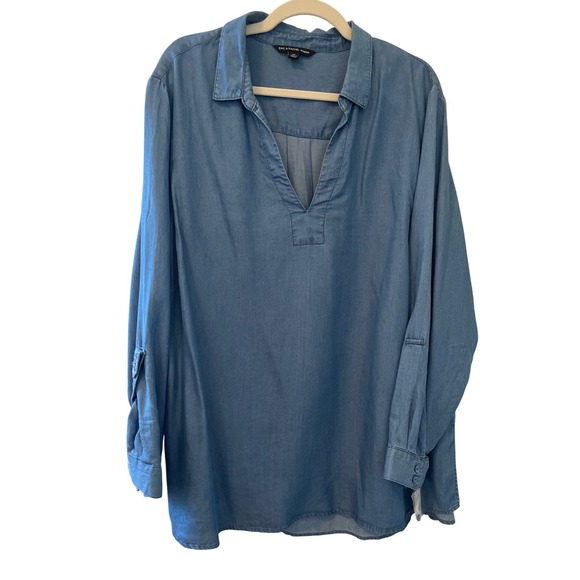 Zac & Rachel Woman Tops - Zac & Rachel Size‎ 2X Blue Tencel Chambray Roll Tab Sleeve Tunic Coastal Casual